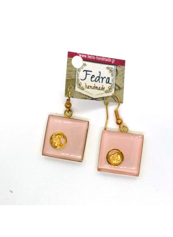 Χειροποίητα σκουλαρίκια με γυαλί σε ροζ χρώμα και χρυσές λεπτομέρειες  33-081