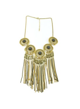 Necklace with gold and black chains, olive and grey  jewellery pieces and grey stones